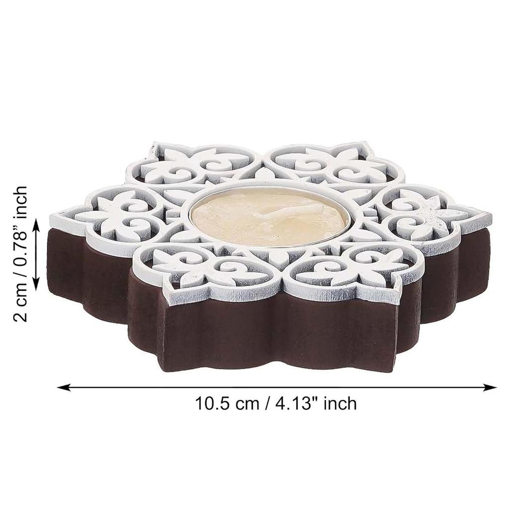 Set of 2 White Brown Wooden Floral Printing Block Decorative Tea Light Candle Holders, Diya Stands - Tea Light Holders - Christmas Diwali Decoration