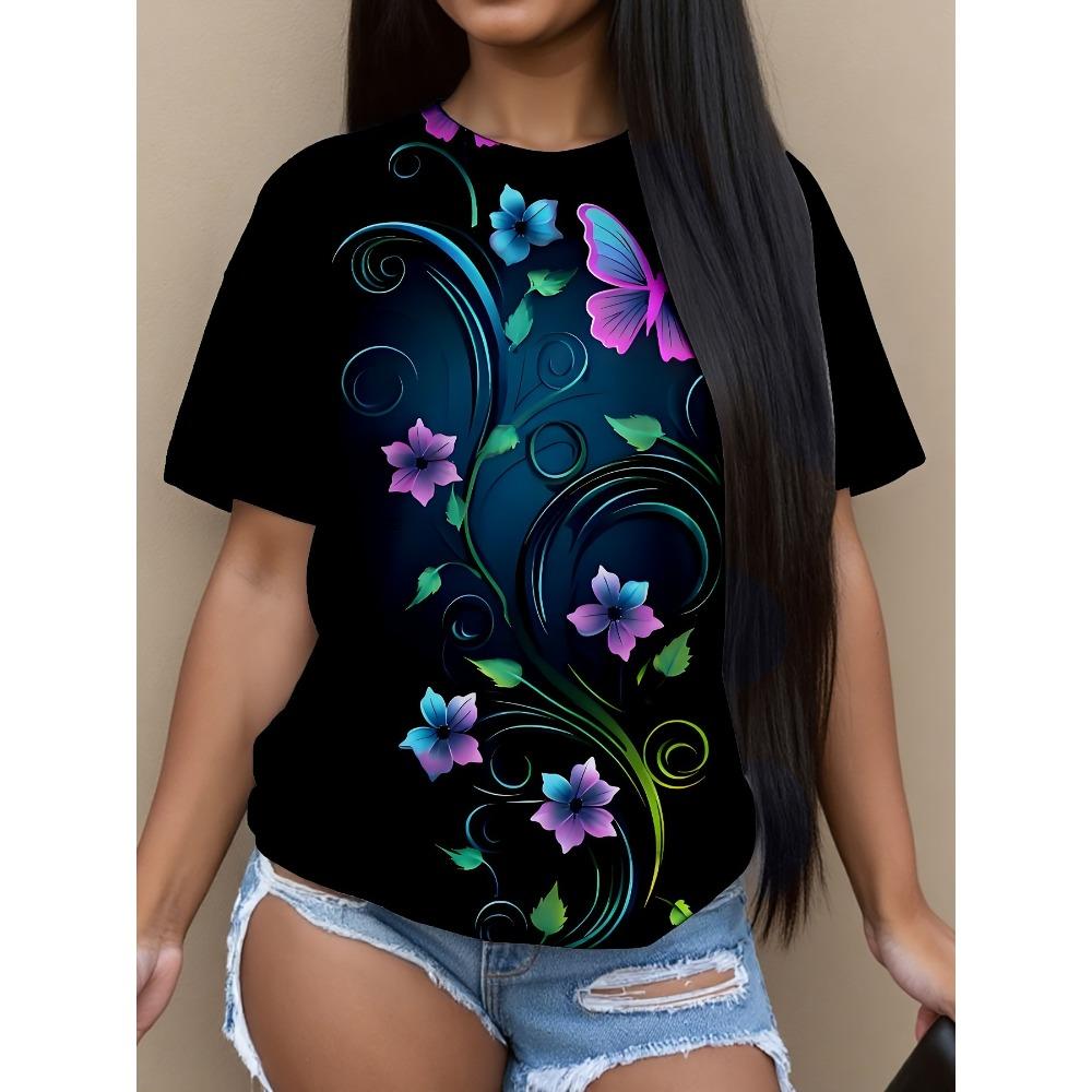 Summer New Women's Casual T-shirt Floral Print Fashion 3D Short Sleeved Round Neck Comfortable Plus Size T-shirt