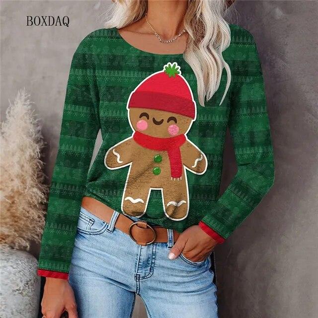 Cartoon Santa Claus And Snowflakes Pattern Women Fashion T-shirts Autumn Winter Long Sleeve 3d Print Christmas Street Lady Tops