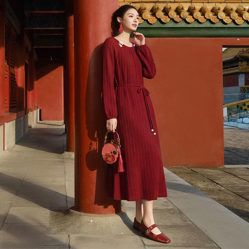 Xiangying Women's Red Knitted Midi Dress