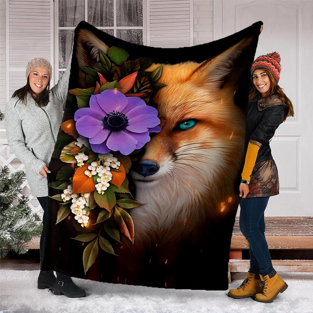 1pc Fox Flower Wreath Outdoor Flannel Blanket Soft All Season Polyester Throw , Perfect for Picnics & Travel , Picnic Accessory