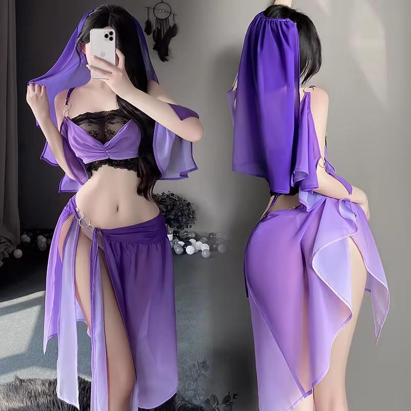 Sexy Hanfu Top Skirt Set Lady Chinese Ancient Traditional Costume Fairy Cosplay Purple Dance See-through Lace Lingerie Dress New