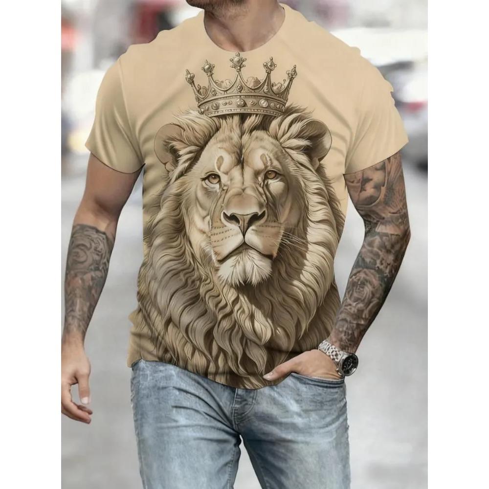 Men's Animal Domineering Lion Print Short Sleeved T-shirt Large Loose Casual Fashionable Comfortable Soft Breathable T-shirt