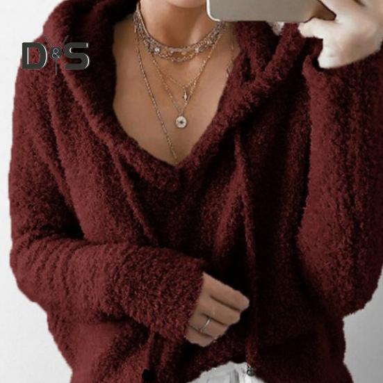 Auutmn Winter Women Hoodie Drawstring Hooded Thick Fuzzy Long Sleeves Solid Color Loose Heat Retention Pullover Casual Wear Sport Top