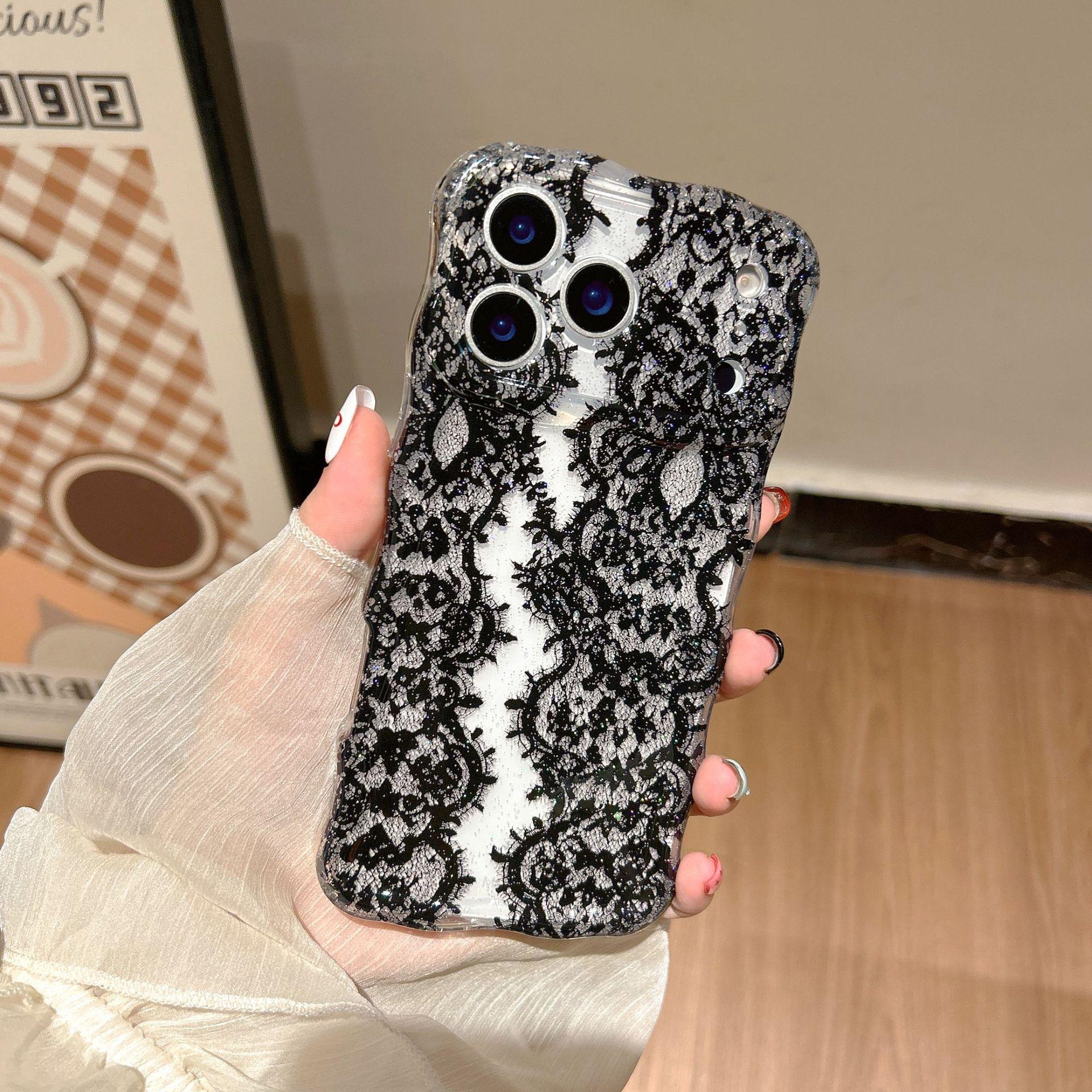 

Нишевый черный кружевной чехол, совместимый с iPhone 16 Pro Max Apple 17, чехол для телефона 14/15, волновой чехол, IMD, с блестками 14(without Packaging）