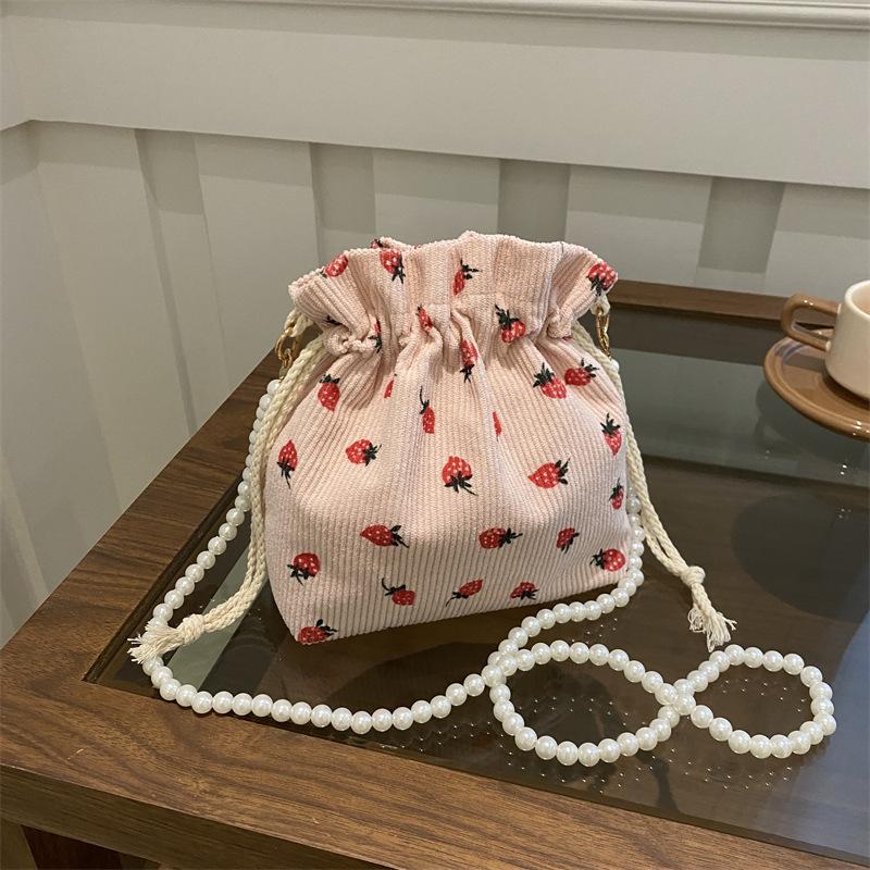 Sweet and Cute Strawberry Printed Bucket Bag Beaded Shoulder Strap Corduroy Exquisite Foreign Versatile Single Shoulder Messenger Women's Bag
