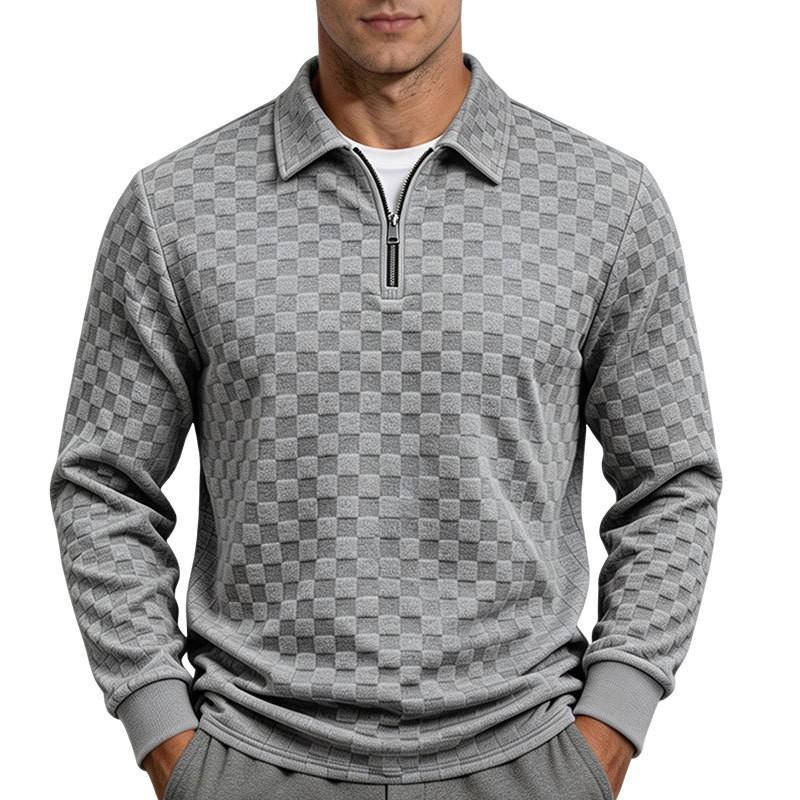 Mens Hoodie Fall Winter Zip Checkered Jacquard Polo Shirt Loose Fit Heavyweight Casual Top