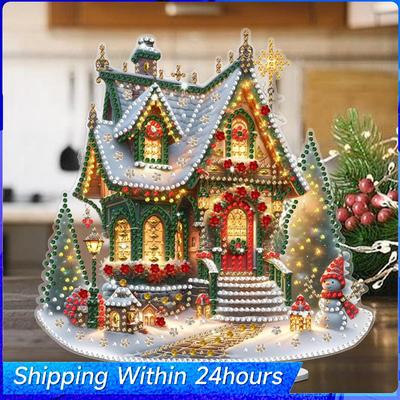 Acrylic Christmas House Diamond Painting Tabletop Ornaments Kit 5D DIY Diamond Art Tabletop Decorations for Home Office Decor