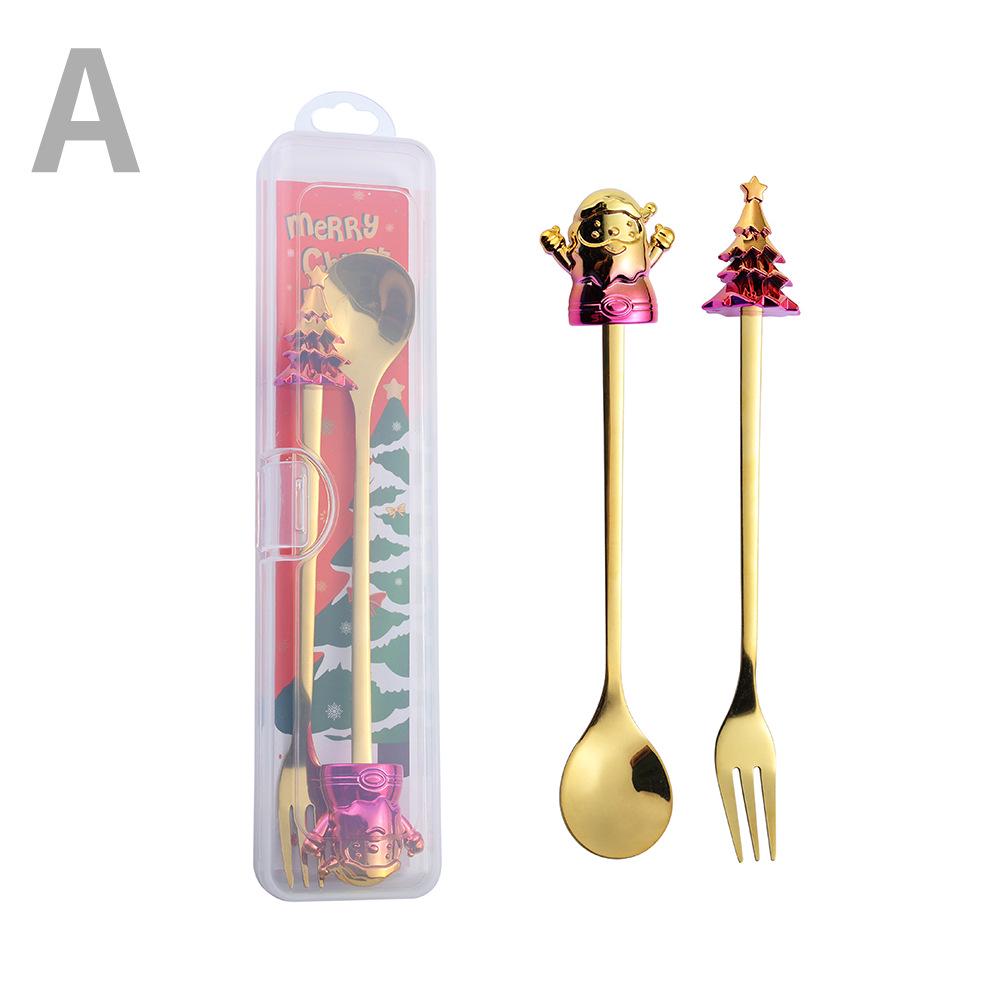 Cartoon Santa Claus Christmas Tree Coffee Dessert Spoon & Fork Gift Set