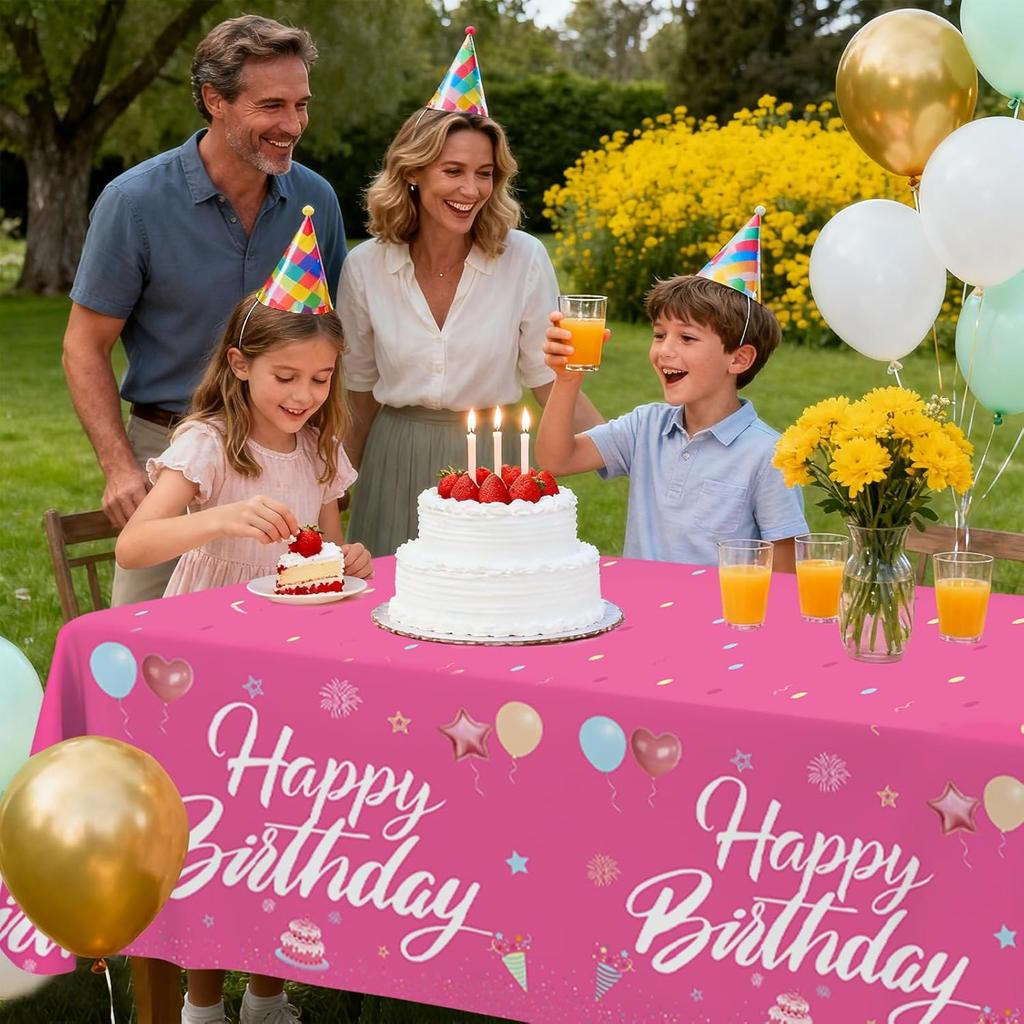Happy Birthday Tablecloth Decorations 108 x 54 Inch for Women Girls, 2Pcs Disposable Plastic Birthday TableCovers Party Supplies, Hot Pink Waterproof