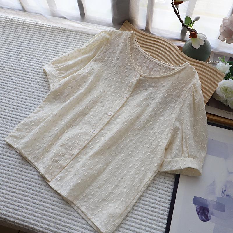 Bi Zheng 2025 Summer Korean Lace Embroidered Bubble Sleeve Women's Shirt