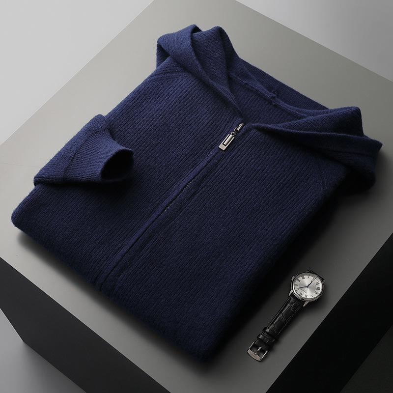 Autumn and Winter Men Wool Sweater Hooded Zipper Cardigan Thickened Knit Large-size Jacket Long Sleeved Sportswear Coat