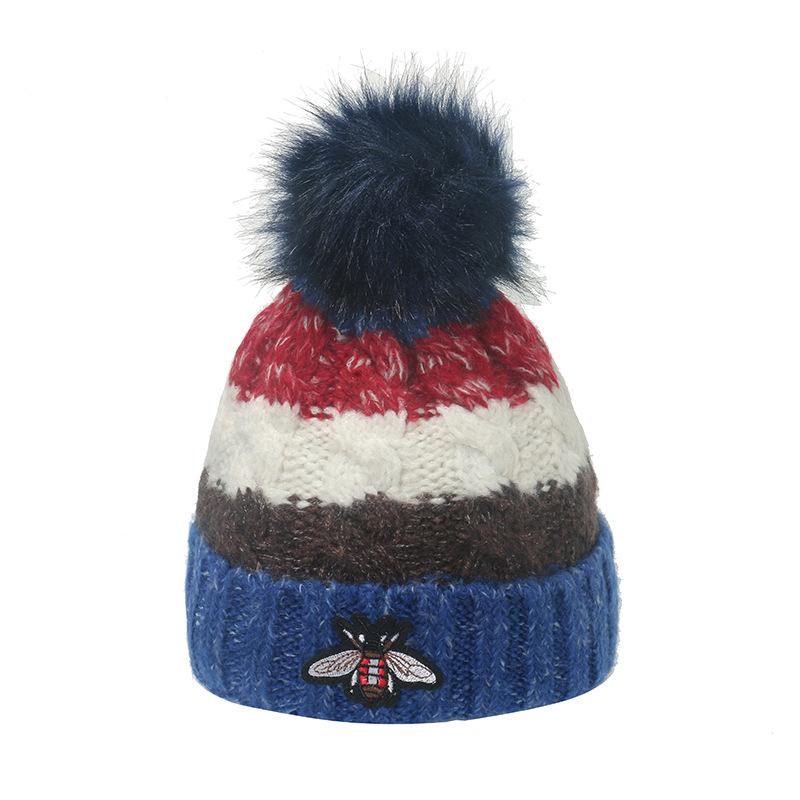 Autumn and Winter Thickened Warm Winter Hat Women's Fashion Trend Versatile Blended Striped Bee Knitted Hat Women