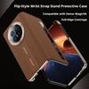 Custodia per Honor Magic V6 in Pelle PU Nappa Doppia Cerniera Protezione Fotocamera Cinturino da Polso Supporto Cinturino per Dita Copertura Flip