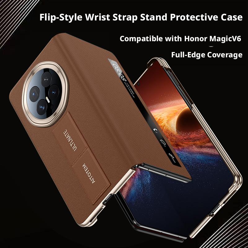 Custodia per Honor Magic V6 in Pelle PU Nappa Doppia Cerniera Protezione Fotocamera Cinturino da Polso Supporto Cinturino per Dita Copertura Flip