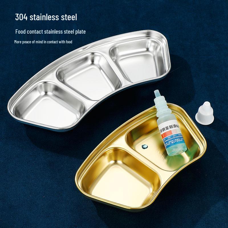 Golden Korean-Style Two/Three-Compartment Sauce Dishes – 304 Stainless Steel for Kimchi, Barbecue, and Hot Pot Seasoning.