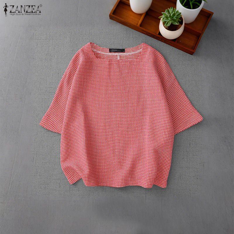 ZANZEA Women Casual Square Collar Half Sleeve Plaid Print Blouse Tops