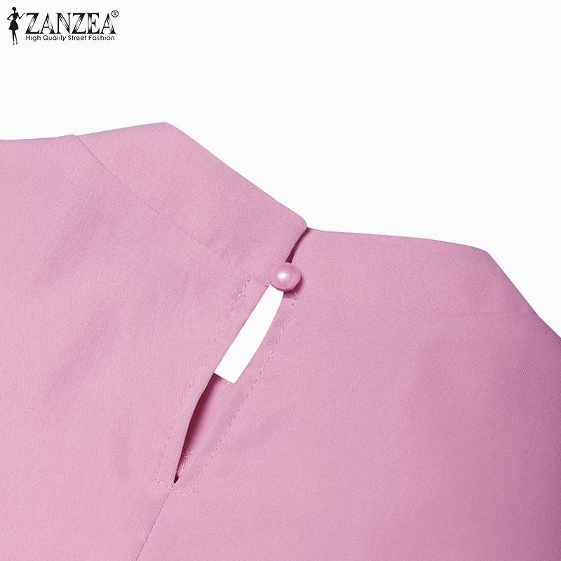 ZANZEA Women Casual Round Neck Loose Ruffles 3/4 Sleeve Plain Blouse