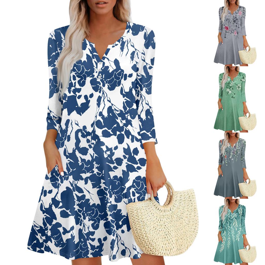 Women's Summer Dress Loose V Neck Three-quarter Sleeve Sundress With Pockets Dress