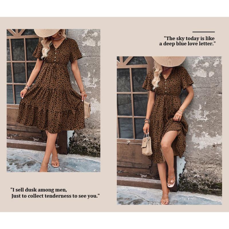 Summer casual vacation fashionable short-sleeved leopard print dress