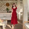 French Retro Red Polka Dot Slimming Summer Dress for Women - Waist-Cinched, Resort Style, Long Design