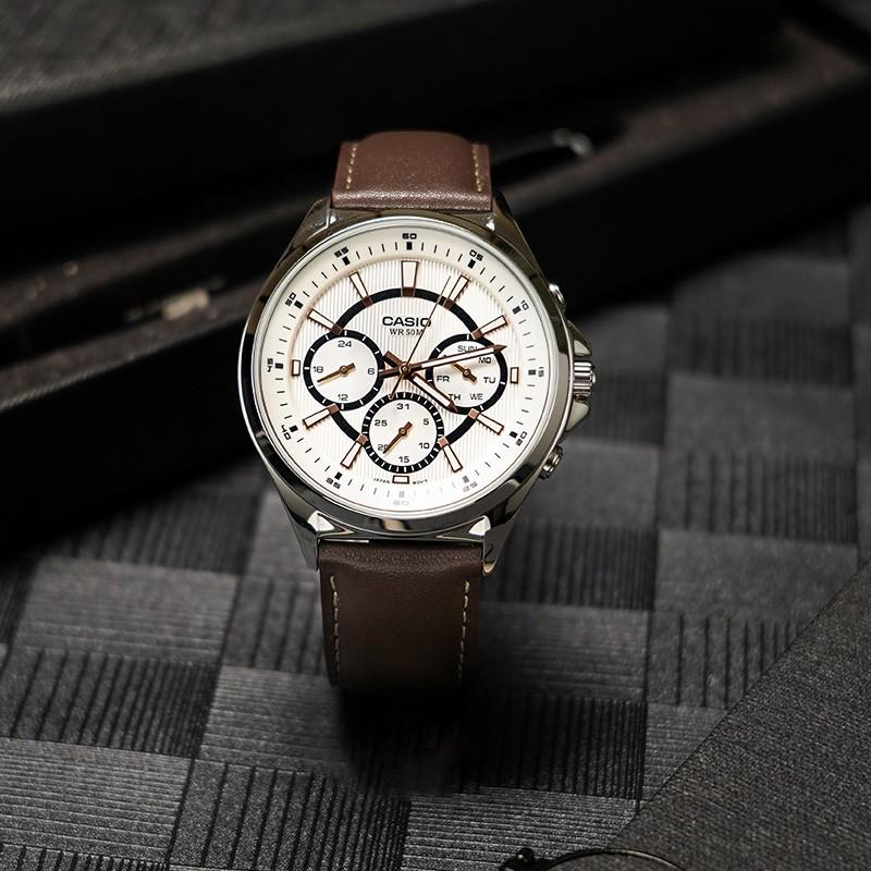 Casio STANDARD Series DRESS Series Waterproof Business Quartz Movement Leather Strap Japanese and Korean Watch Men's Watch White MTP-E303L-7AVDF