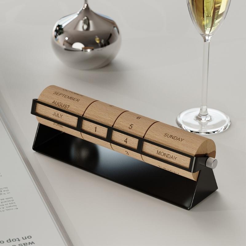 Contemporary Wooden Tabletop Rotating Permanent Calendar With Metal Base Month Week Day Date Display For Gift And Decors