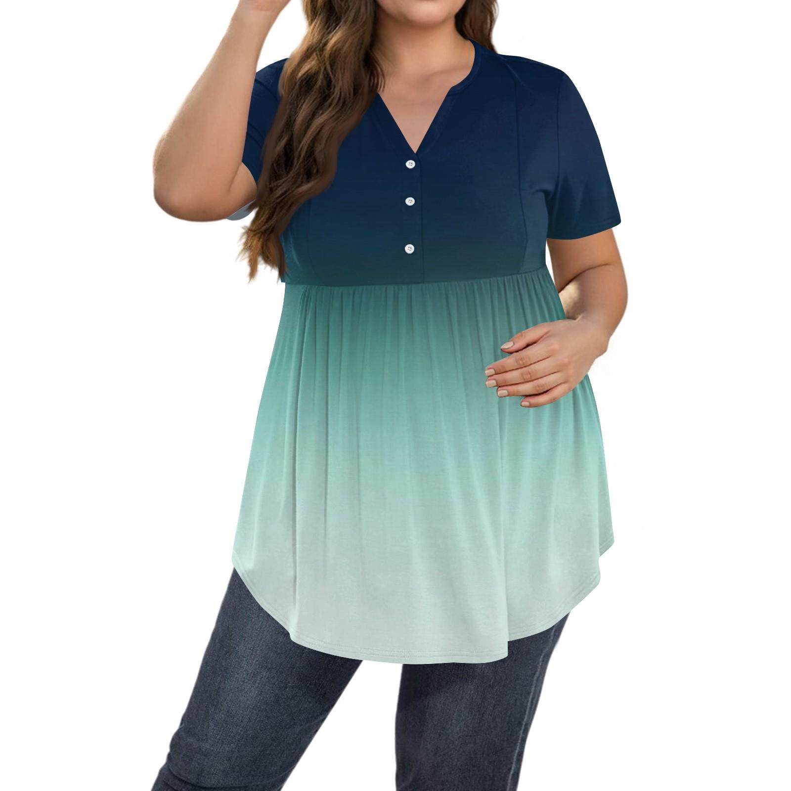 

Женский принтованный топ большого размера с V-образным вырезом и застежкой на пуговицы, повседневный топ с короткими рукавами и свободным кроем XXL зелёный