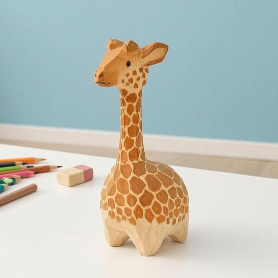 Small Wooden Giraffe Keepsakes Figurine, Cute Cartoon Ornament, Minimalist Animal Whimsical Nursery Table Decor Statue, Hand-Painted for