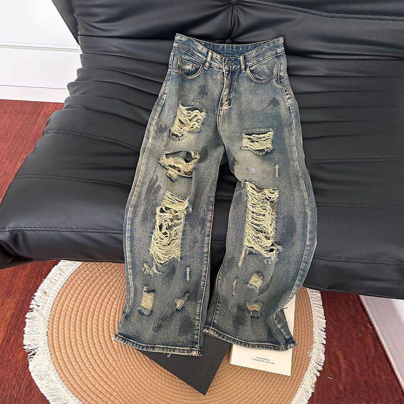 Blue Beggar Hole Broken Jeans Female Summer Thin Washed Small Pear-shaped Figure Skinny Dragging The Ground High-waisted Trousers Long Denim Pants