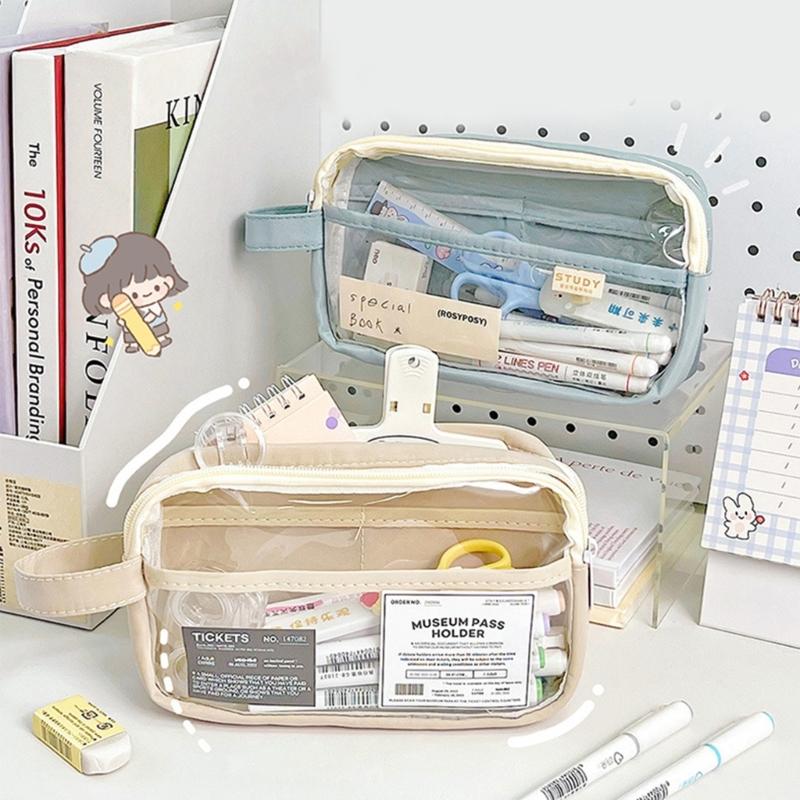 Multifunctionnal Pen Case Large Capacity Clear Pencil Case Two Large Compartment, Travel Stationeries Bag for Student