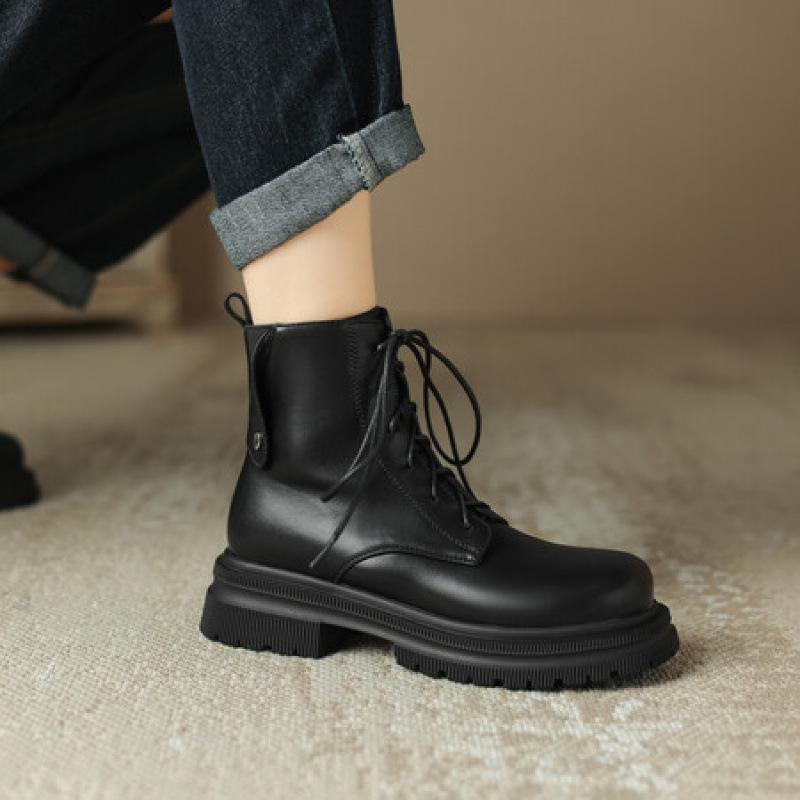 Damen Ritterstiefel für Herbst und Winter, vorne geschnürt, mittlerer Absatz, dicke Sohle, große Größen, quadratischer Absatz, runde Spitze, koreanische Version, einfarbig