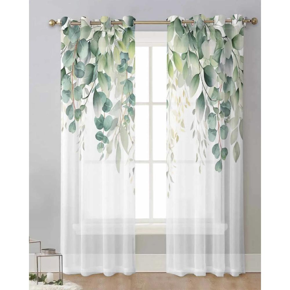 Spring Watercolor Plant Eucalyptus Leaves Tulle Curtains Living Room Kitchen Window Decoration Chiffon Voile Sheer Curtain