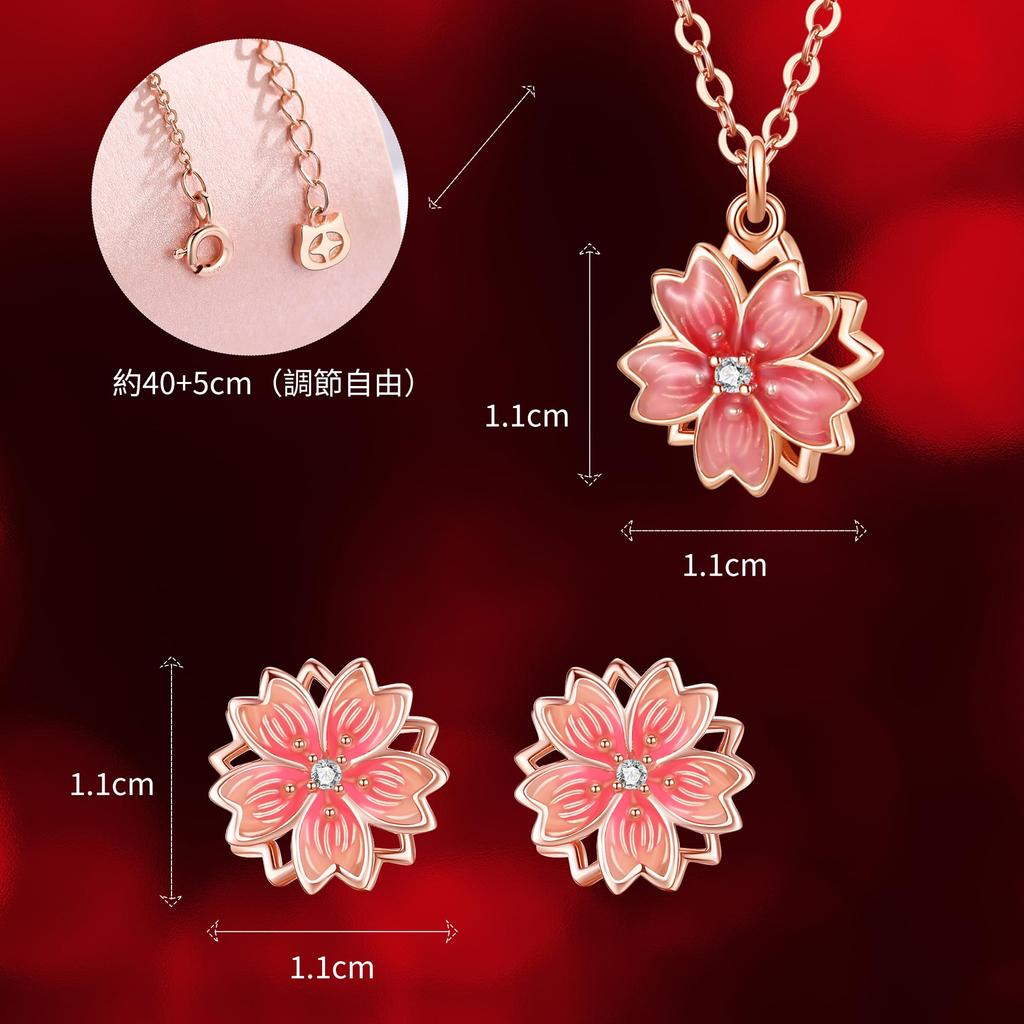 Present Necklace Earrings Flower Gift Set 18K Gold Metal Allergy Friendly Cherry Blossom Motif Birthday and Message Cards for Women Included Wedding