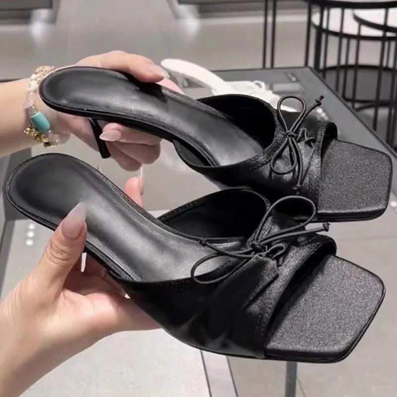 Fashion High Heels Women Slippers Bow Sexy Fashion Shoes Elegant Heeled Sandals Summer 2025 Pumps Luxury Brands Dress Sandalias De Mujer