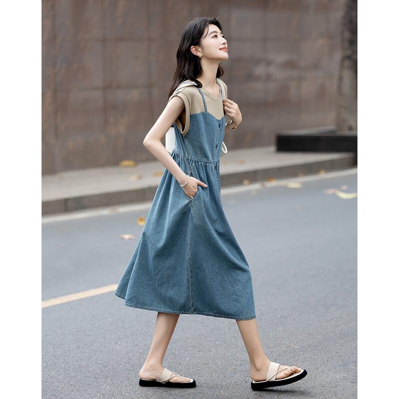 Demana Ретро Летнее Японское Трикотажное и Джинсовое Платье-Двойка L