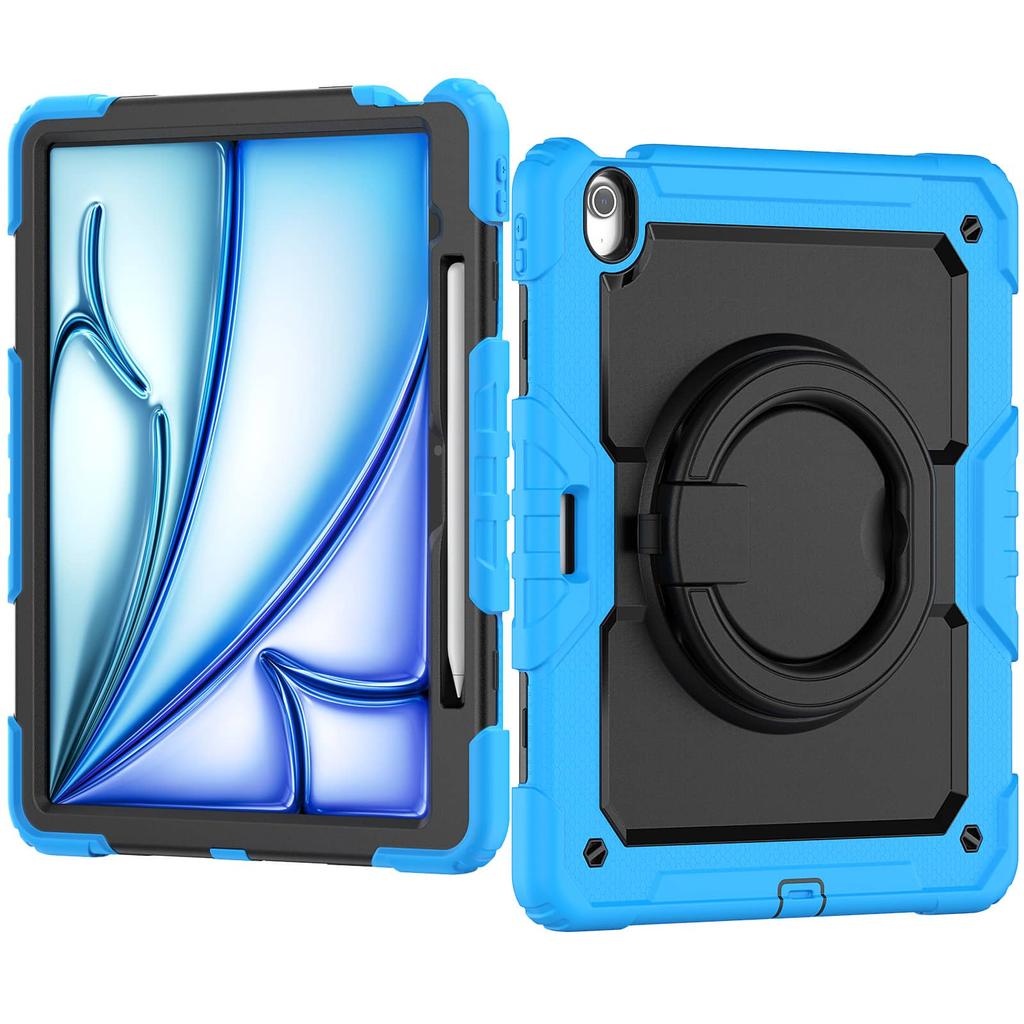 For iPad Air 13 M2 M3 2025, Military Grade Shockproof Protective Silicone Cover 360 Folding Handle Grip + Handle Shoulder Strap