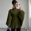 Manteau Cape Élégant pour Femme en Laine Mélangée à Col Montant Ceinture à Nouer Garniture en Fourrure de Lapin Vêtement d'Hiver