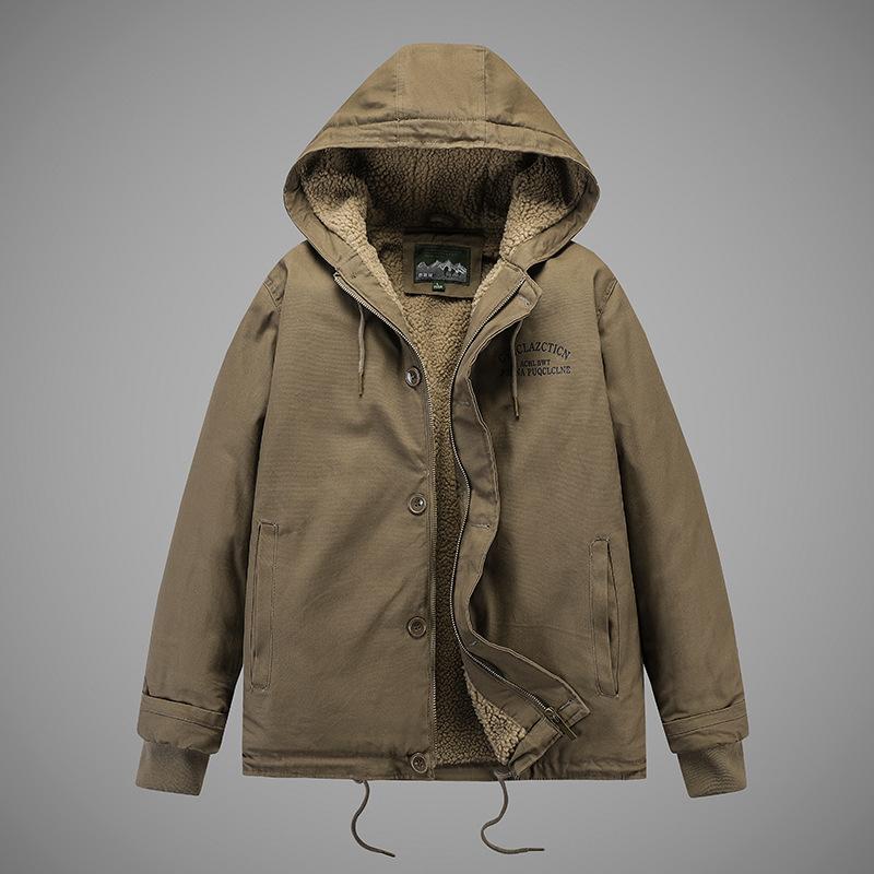 Winter Hooded Lamb Fern Cotton Coat Men's Plus Velvet Thickened Loose Work Clothes Cotton Jacket Pure Cotton Jacket Youth Casual Cotton Jacket