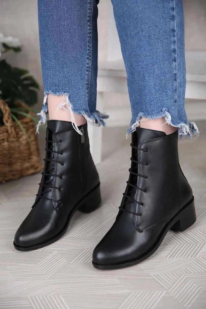 Women Modern Stylish Fashion Women Black Zipper Lace Up Low Heel Round Toe Boots