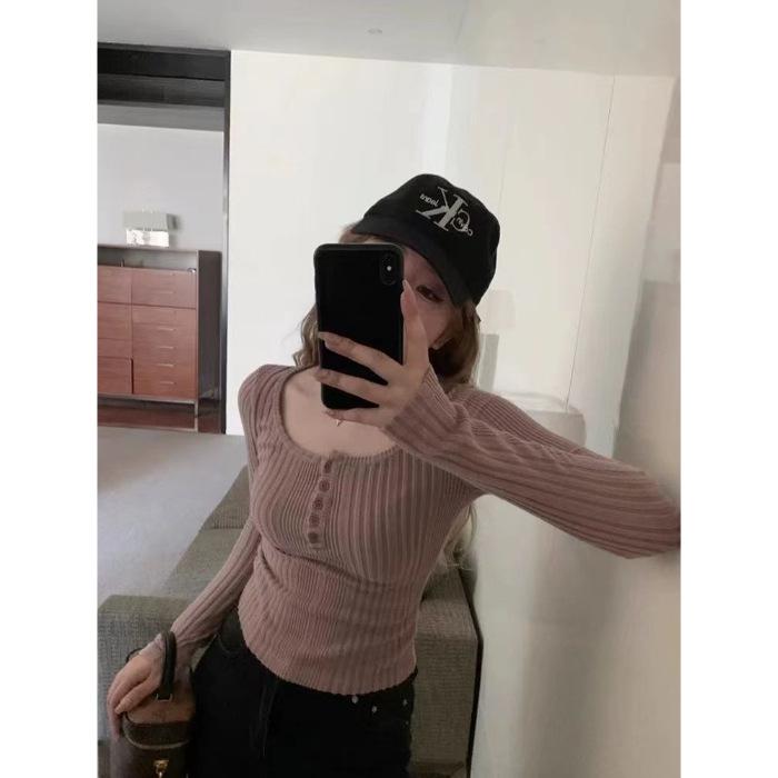 Women's Retro U-Neck Slimming Long-Sleeve Ribbed Knit Top, 2025 Autumn/Winter Collection