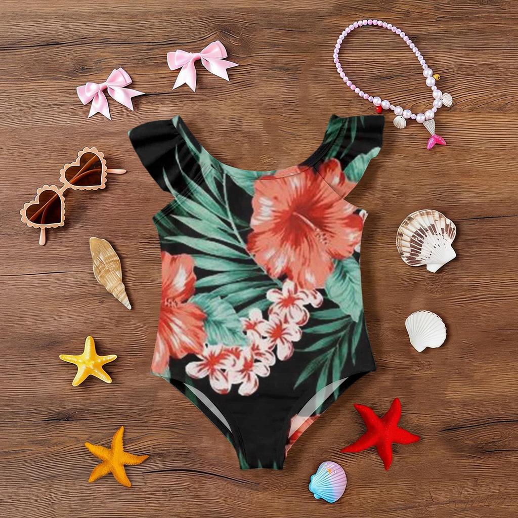 Girls One Piece Swimsuit Hawaiian Print Kids Swimwear Toddler Child Beachwear Sleeveless Ruffle Shoulder Bathing Suit for Summer Pool