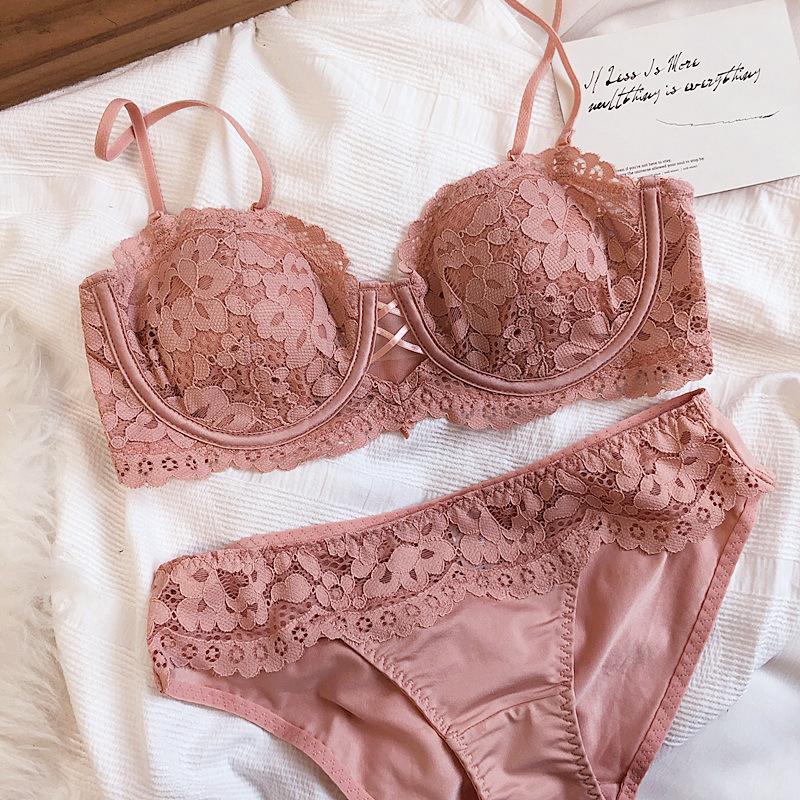 French Lace Embroidered Underwear Set: Soft Half-Cup Bra with Underwire & Cotton, Perfect for All Bust Sizes
