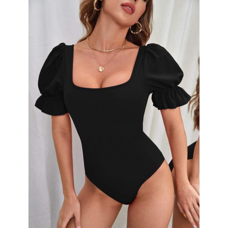 Mono de Manga Abullonada Estilo Europeo y Americano Moda de Verano Elegante Ajustado Sexy Top para Mujer