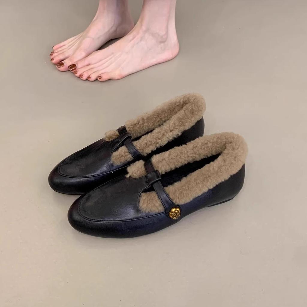 Fleece small leather shoes loafers retro fluffy shoes women wear winter Mary Jane warm cotton shoes