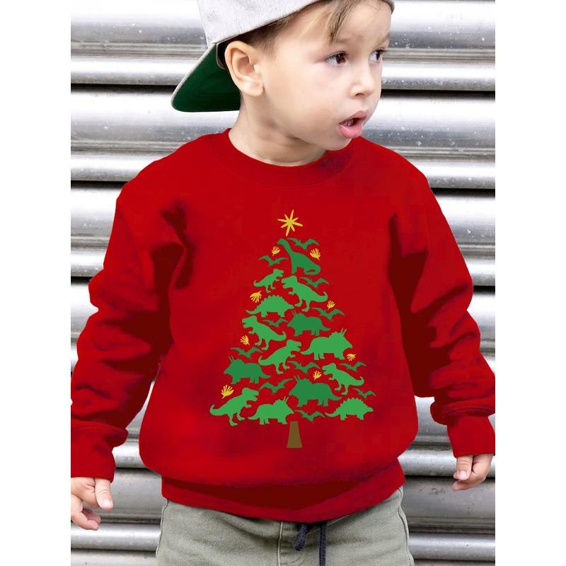European Size‘CHRISTMAS' Unisexs' Autumn And Winter Fashion Fleece Round Neck Pullover Sweatshirt Featuring a 'Christmas Tree Made of Dinosaurs' Print