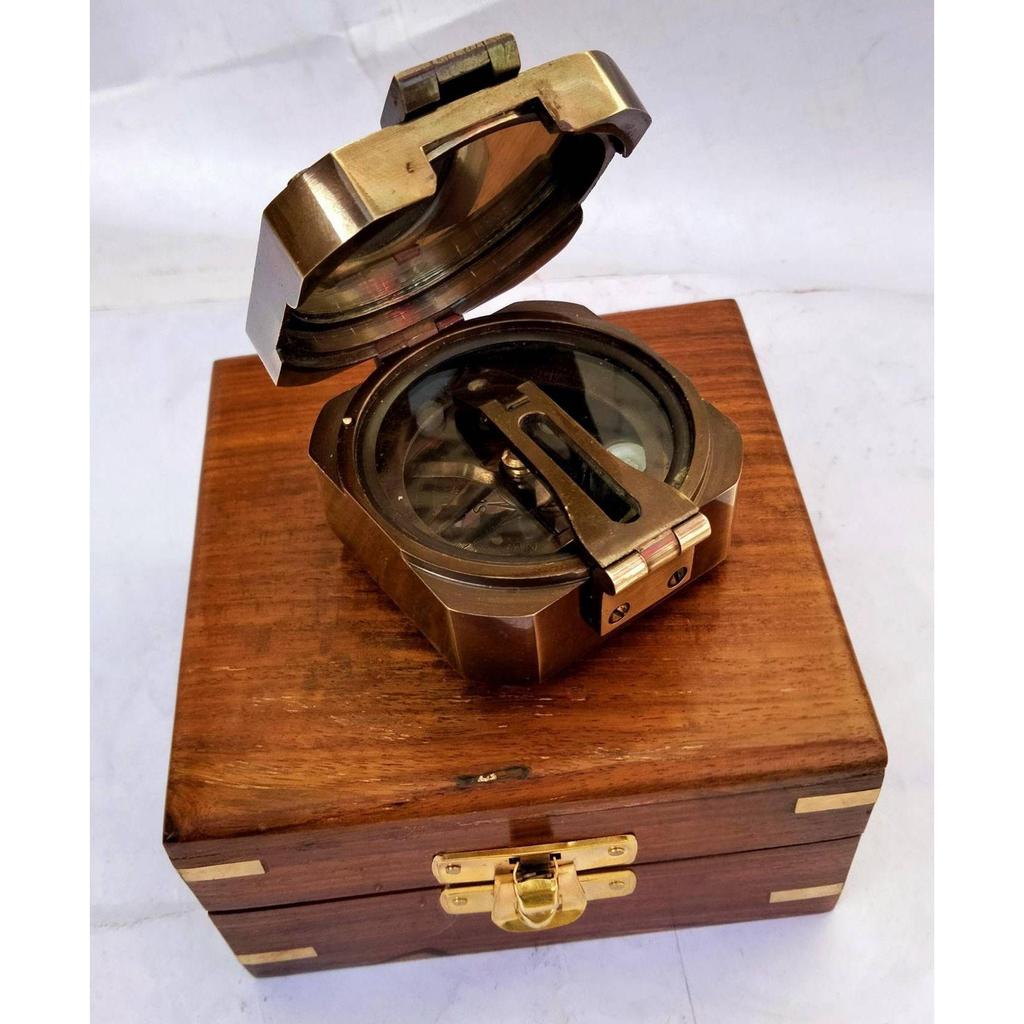 India Antique Brass Brunton compass Square With Wood box nautical gift Compass  (Black, Brown)