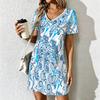 Mode d'été pour femmes Robe à col en V à manches courtes avec imprimé géométrique rétro Jupe courte sexy Robes