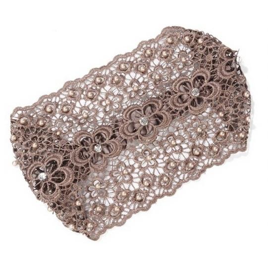 Yousheng Dam Pannband Ihålig Design Broderi Spets Blomma Elastiskt Pannband med Imitationspärlor Glittrande Strass Inlagd Hår
