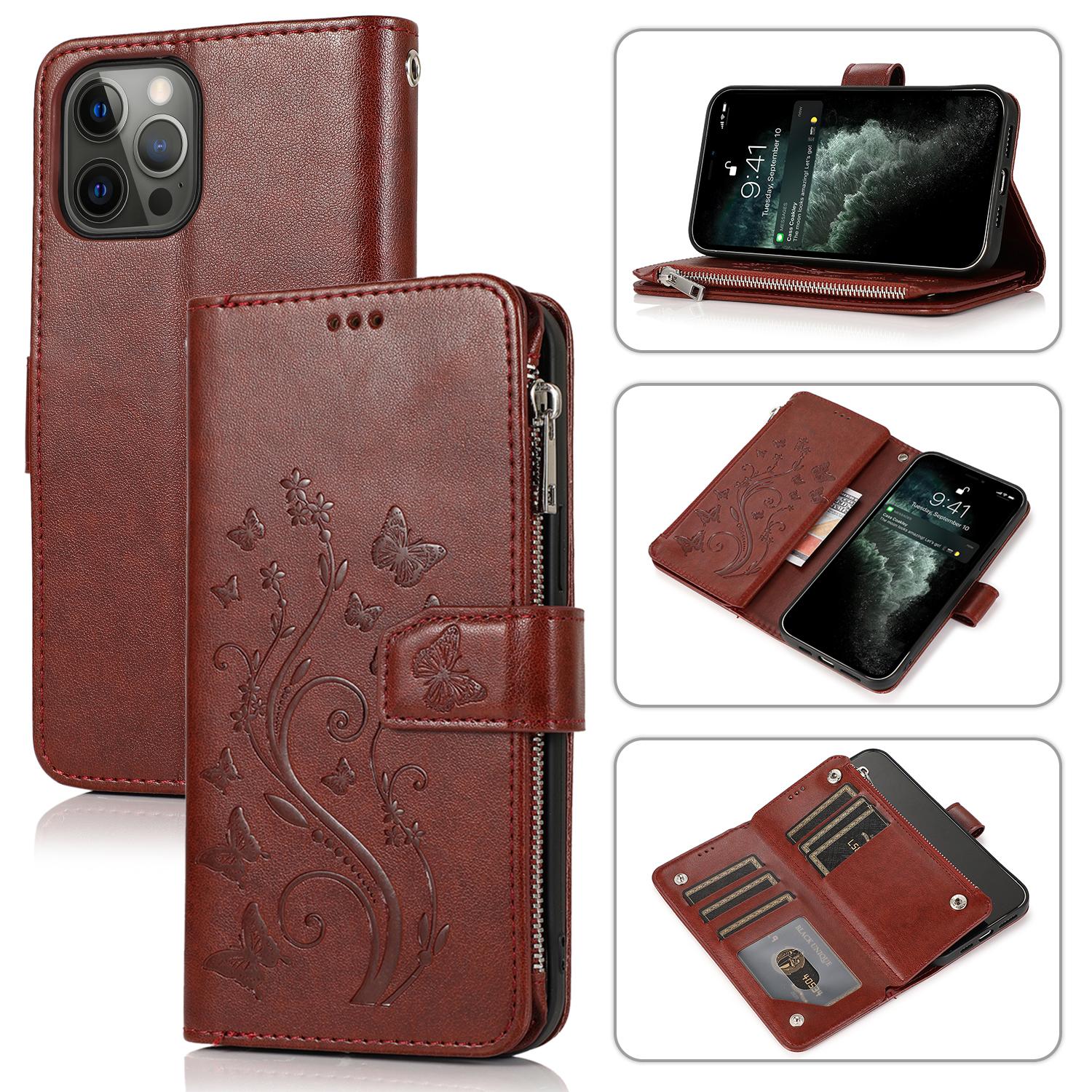 

Кошелек на молнии с тиснением, флип-кошелек с отделениями для карт, кожаный чехол для iPhone 13 12 11 Pro Max XS MAX для Samsung S21 S20 Ultra Plus S20FE Note20ultra A12 A52 iPhone XR коричневый
